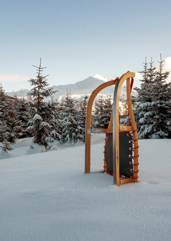 Holzschlitten im Schnee vor Tannenwald und Berg.