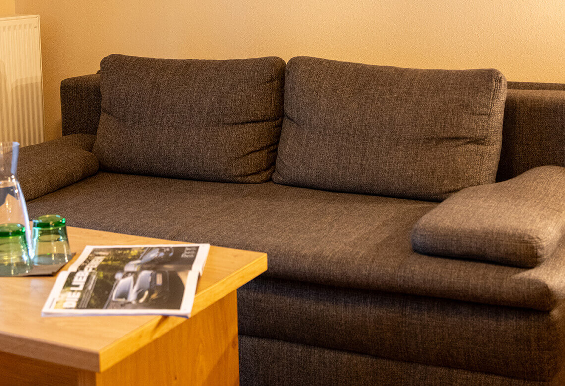 Dunkelgraues Sofa, Holztisch mit Karaffe, Gläsern, Magazin.