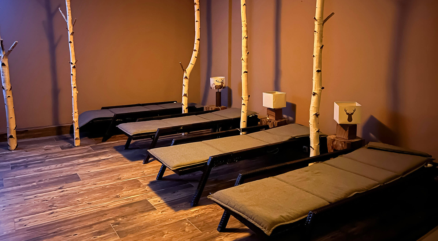 Entspannungsraum mit Liegen, Birkenstämmen und Lampen.